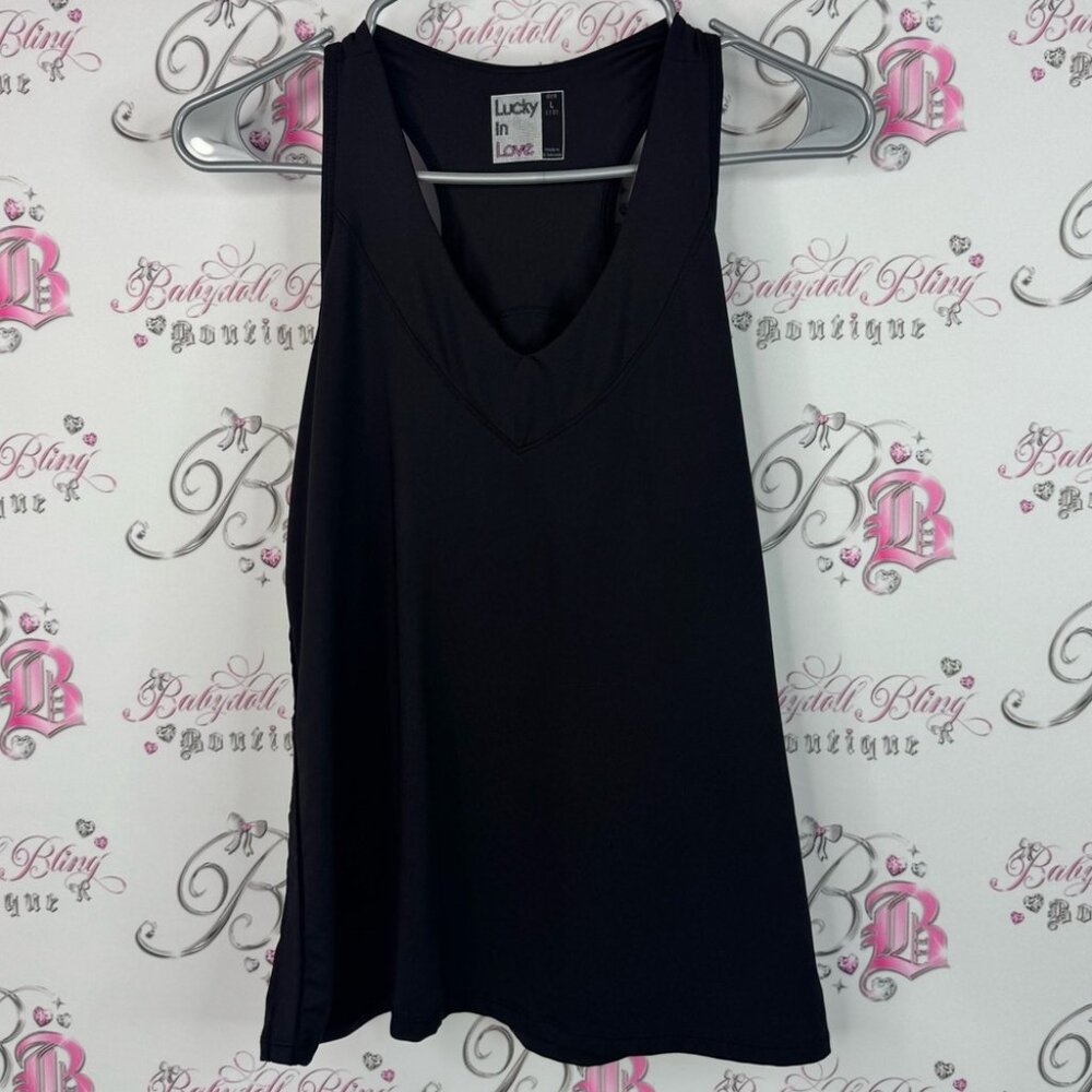 Lucky in Love tank top racer back stretchy Black Tank Top